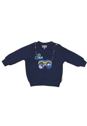 Marineblauwe sweatshirt met ronde hals, lange mouwen en een grafisch ontwerp met kleurrijke elementen, knopen en een gestreept accent.