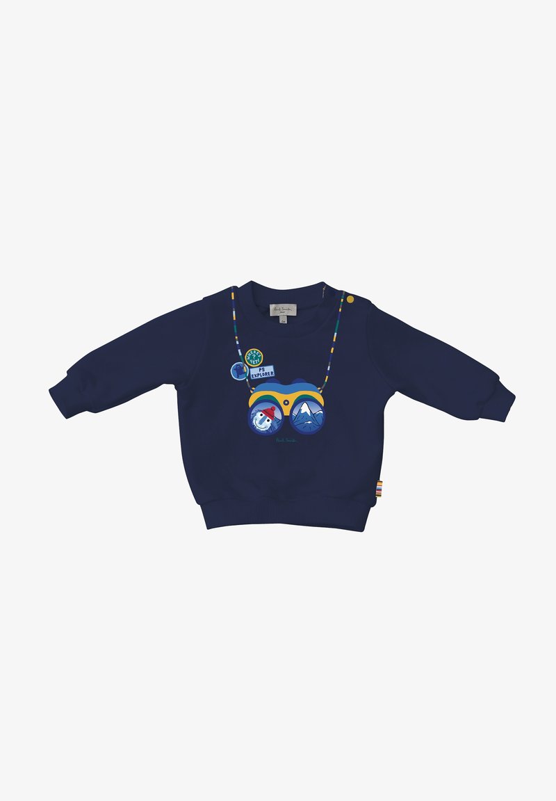 Sweatshirt bleu marine avec encolure ronde, manches longues, et design graphique comprenant des éléments colorés, des boutons, et un accent rayé.