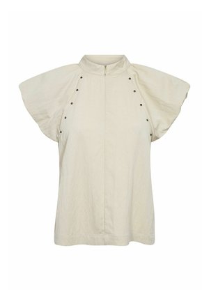 Bézs rövid ujjú felső magas gallérral és cipzáras záródással, fekete díszgombokkal az vállakon és laza szabással.