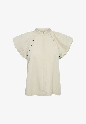 Bézs rövid ujjú felső magas gallérral és cipzáras záródással, fekete díszgombokkal az vállakon és laza szabással.