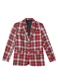 Rood en wit geruit blazer met gestructureerde pasvorm, éénknopenluiting en twee voorzakken. Gemaakt van textuurstof met een modern ontwerp.