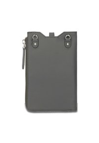 Gray leather wallet with a smooth texture, featuring two riveted accents, a top zipper closure, and a slim, rectangular design.