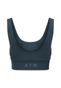 Mørkeblå sportstop med scoop-udskæring, brede stropper og en tætsiddende pasform. Har et tonalt "ATW" logo ved kanten.