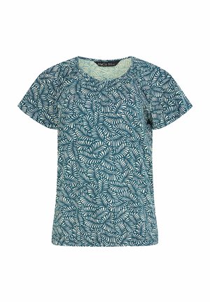 Damen-T-Shirt mit kurzen Ärmeln, in Petrol und Weiß mit Blattmuster, rundem Ausschnitt und leichter Raffung vorne.