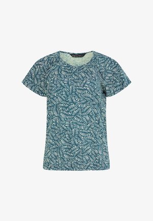 Camicia da donna a maniche corte con motivo a foglie teal e bianche, scollo rotondo e leggero arricciatura sul davanti.