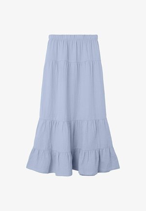 Jupe superposée bleu clair en tissu doux et texturé. Dotée d'une taille élastique et d'un ourlet volanté en bas.