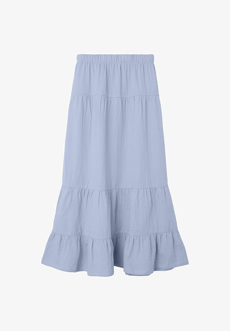 Světle modrá sukně ve vrstvách vyrobená z měkké, strukturované tkaniny. Obsahuje elastický pas a volánkový lem na spodní části.