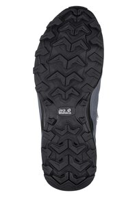 Soletta in gomma con un profondo e aggressivo motivo di battistrada. Colore grigio scuro con logo "Jack Wolfskin". Materiale durevole progettato per trazione e stabilità.