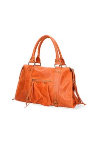 Sac à main en cuir orange avec une forme structurée, une surface texturée, des poignées tressées et des accessoires en or décoratifs. Il dispose d'une poche zippée à l'avant.