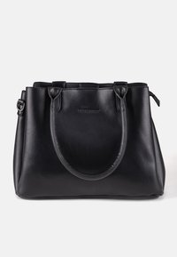 Schwarze Lederhandtasche mit doppelten Griffen, seitlicher Schnalle und oberem Reißverschluss, vor weißem Hintergrund dargestellt.