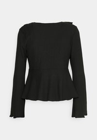 Czarna bluzka typu peplum z długimi rękawami, teksturowanym materiałem, okrągłym dekoltem i rozkloszowanym dołem. Prosty design bez wzorów i ozdób.