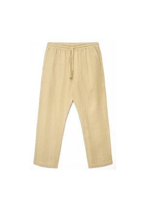 Pantaloni casual beige con trama, vita elasticizzata e coulisse, taglio a gamba dritta, distesi su sfondo bianco.
