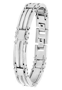 Zilveren roestvrijstalen armband met een combinatie van gladde en gestructureerde schakels, voorzien van gedraaide touwaccenten en een beveiligde sluiting.