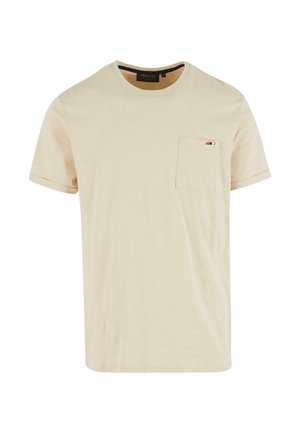 Világos bézs színű, rövid ujjú póló, kerek nyakkivágással és elülső zsebével, kontrasztos díszcsíkkal. Puha pamut anyag.