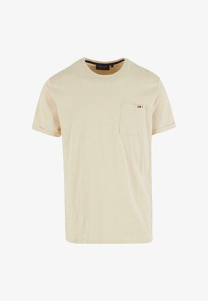 Light beige t-shirt with short sleeves, round neckline, and a front pocket featuring a contrasting accent stripe. Soft cotton material.
