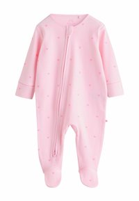 Różowy niemowlęcy śpioch wykonany z prążkowanej tkaniny, ozdobiony drobnymi wzorami serduszek, z długimi rękawami i stopkami, zapinany z przodu na zamek.