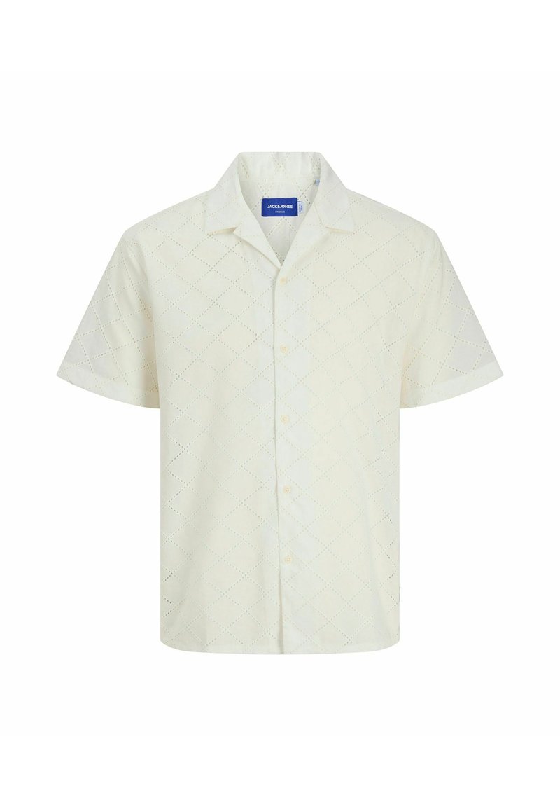 Camicia a maniche corte con bottoni in tessuto beige chiaro con motivo a rombi traforato e orlo dritto. Presenta un colletto e bottoni frontali.