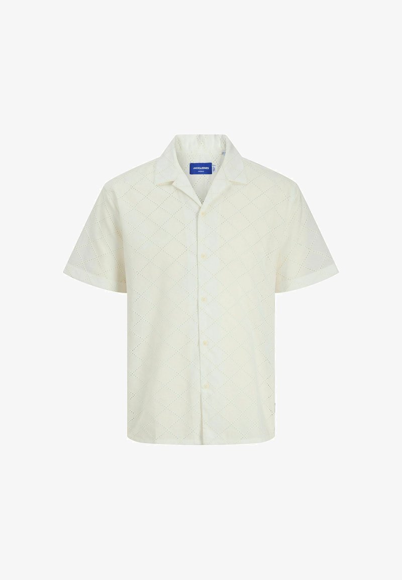 Camicia a maniche corte con bottoni in tessuto beige chiaro con motivo a rombi traforato e orlo dritto. Presenta un colletto e bottoni frontali.