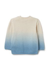 Strickpullover mit einem Farbverlauf von Creme zu Hellblau. Rundhalsausschnitt, lange Ärmel, mit geripptem Saum und weicher Textur.