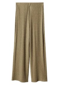 Pantalons taille haute, larges, en vert olive, en tissu texturé avec des plis verticaux, présentant un design ample et fluide pour un confort optimal.