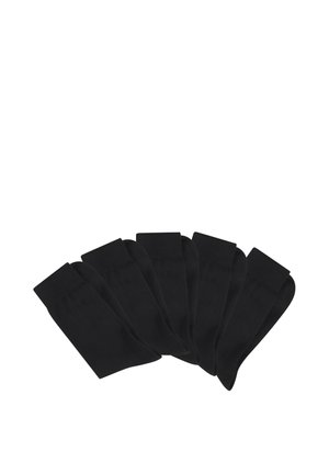 Sechs Paar schwarze Knöchelsocken nebeneinander auf weißem Hintergrund angeordnet, die eine einheitliche Größe und Form zeigen.