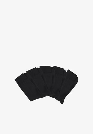 Sechs Paar schwarze Knöchelsocken nebeneinander auf weißem Hintergrund angeordnet, die eine einheitliche Größe und Form zeigen.