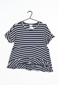 Námořnická modrá a bílá pruhovaná tričko s krátkými ohrnutými rukávy, kulatým výstřihem a mírně rozšířeným lemem. Měkká tkanina s ležérním designem.