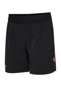 Pantalones cortos deportivos negros con cintura elástica, con un logo rosa y acentos de patrón geométrico en el lateral. Tejido liso y ligero.