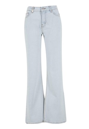 Lyseblå flagrende jeans laget av denim med høy midje, fem lommer og kontraststing langs sømmene.