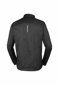 Giacca nera leggera realizzata in tessuto testurizzato, con maniche lunghe, colletto alto e una striscia riflettente sulla schiena per una maggiore visibilità.