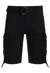 Černé cargo šortky vyrobené z odolné tkaniny, s několika bočními kapsami, pasem se sponou a nastavitelnými šňůrkami na spodním lemu.