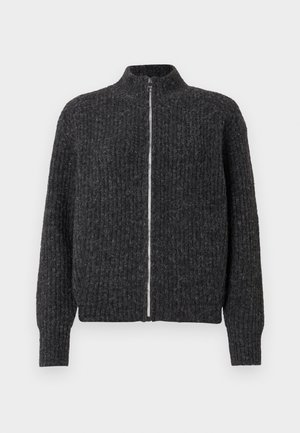 Dark gray knitted sweater with a high collar, full front zipper, and ribbed texture, featuring long sleeves and a fitted hem.