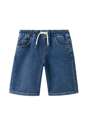 Blaue Jeansshorts mit elastischem Bund und weißem Kordelzug, mit Fronttaschen und einem sauberen Saum.