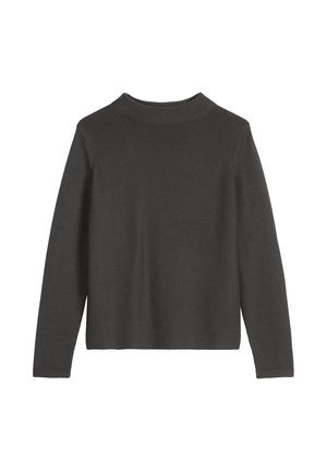 Dunkelgrauer, langärmeliger, strukturierter Strickpullover mit Stehkragen und geradem Saum, flach auf einem weißen Hintergrund präsentiert.