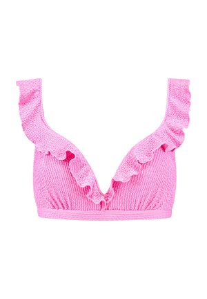 Top bikini rosa con texture, dotato di spalline arricciate e design a V. Realizzato in materiale elastico per una vestibilità comoda.