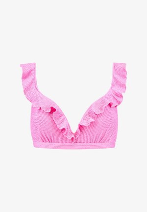 Różowy bikini górna część z teksturowanym wzorem, z falbaniastymi ramiączkami i dekoltem w kształcie litery V. Wykonana z elastycznego materiału, zapewniającego wygodne dopasowanie.
