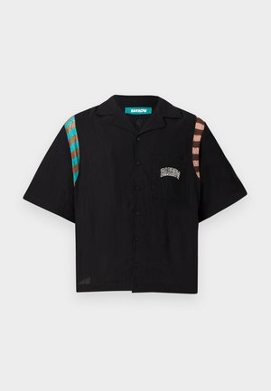 Black short-sleeve button-up shirt with front pocket, Barrow logo, and turquoise-brown and pink-brown striped accents on shoulders.