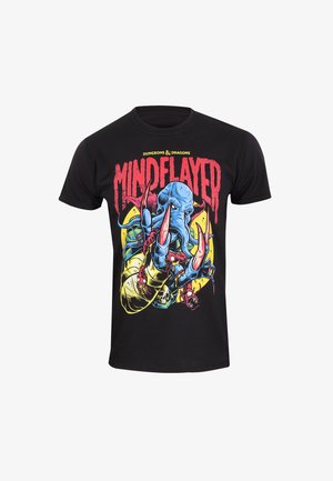 T-shirt in cotone nero con una grafica colorata di un Mind Flayer di Dungeons & Dragons, con testo rosso audace e dettagli intricati.
