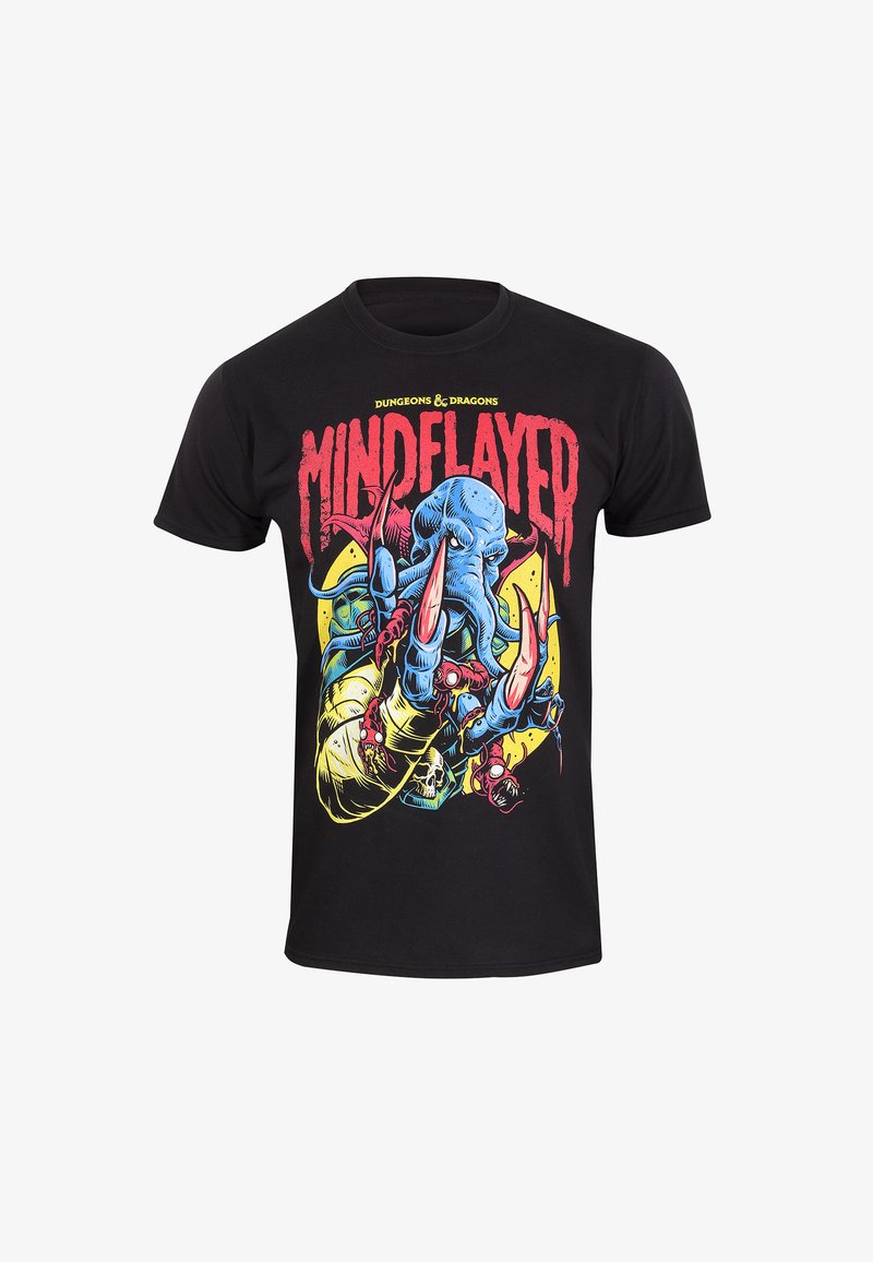 Schwarzes Baumwoll-T-Shirt mit einem bunten Grafikdesign eines Gedankenschinders aus Dungeons & Dragons, mit fettem roten Text und komplexen Details.
