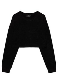 Sudadera corta negra de manga larga con cuello redondo y puños acanalados, dispuesta plana sobre un fondo blanco.