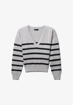 Gray knit sweater with a V-neck, featuring black horizontal stripes, ribbed cuffs, and hem. Soft texture with a relaxed fit.