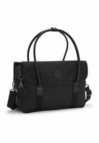Black nylon handbag featuring a geometric pattern, dual handles, detachable shoulder strap, and a decorative charm attached to the zipper.