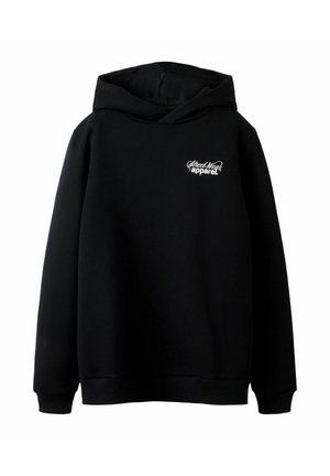 Sweatshirt à capuche noir avec le logo blanc "Street Wear apparel" sur la poitrine gauche, avec des manches longues et des poignets et un ourlet côtelés.