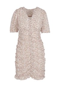 Robe florale avec une base rose clair, manches courtes bouffantes, côtés froncés et un ourlet volanté. Présente un décolleté en V et de petits motifs floraux.