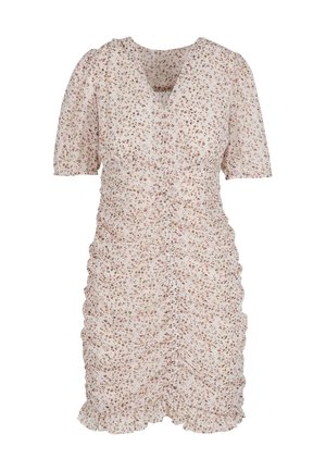 Kukallinen mekko, jossa on vaaleanpunaista pohjaa, lyhyet puff-hihat, rypistetyt sivut ja röyhelöhelma. Ominaisuuksia ovat V-pääntie ja pienet kukkakuosit.