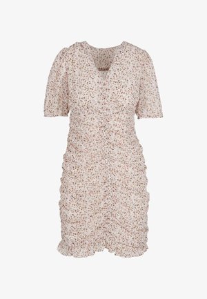 Sukienka kwiatowa z jasnoróżową bazą, krótkimi bufkami, marszczonymi bokami i falbaniastym dołem. Posiada dekolt w kształcie litery V oraz małe wzory kwiatowe.