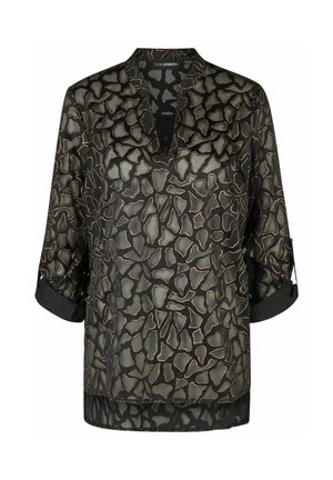 Schwarze transparente Bluse mit unregelmäßigem gold- und grauem abstraktem Muster, hochgekrempelten Dreiviertelärmeln und einem V-Ausschnitt.