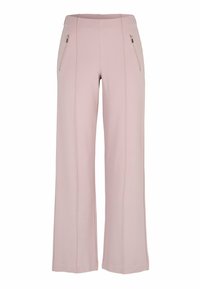 Hellrosa, weit geschnittene Hosen mit vorderen vertikalen Nähten und zwei silbernen Reißverschlusstaschen an den Hüften.