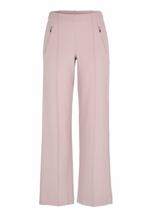 Hellrosa, weit geschnittene Hosen mit vorderen vertikalen Nähten und zwei silbernen Reißverschlusstaschen an den Hüften.