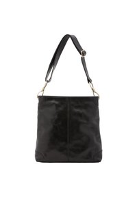 Borsa a spalla in pelle nera con tracolla regolabile, texture liscia, forma rettangolare e dettagli in metallo dorato.